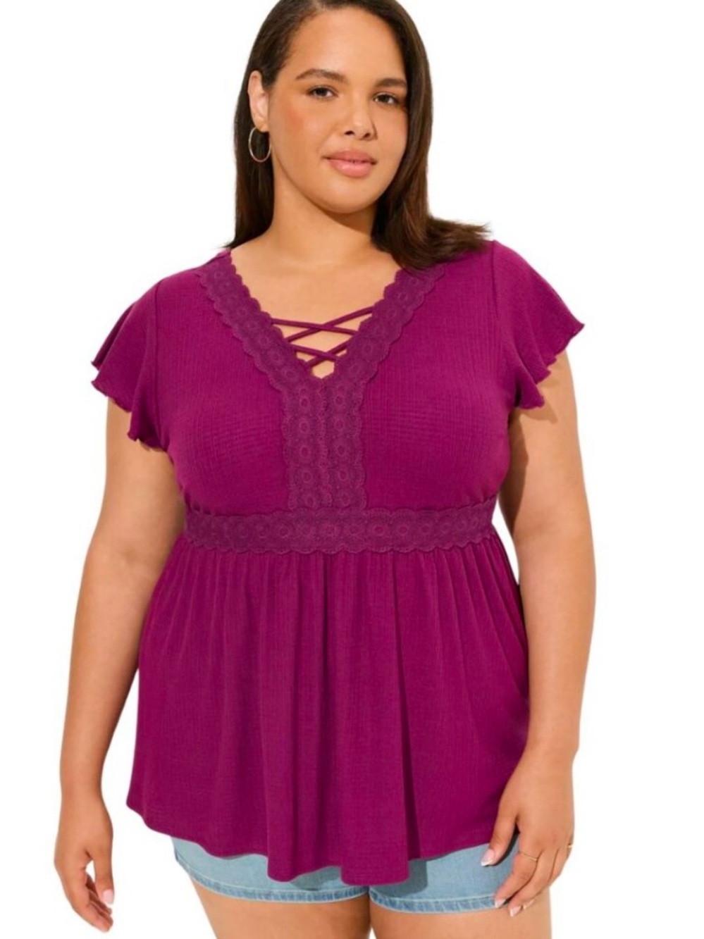 Torrid Magenta Lace-Trim Crisscross Peplum Top